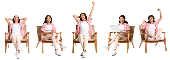 Set of young woman resting in wooden armchair on white background