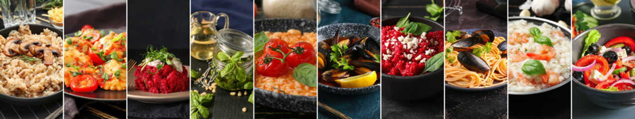 Set of tasty traditional Italian food, closeup