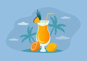 vector illustration in flat style - tropical summer cocktail tequila sunrise with pineapple.