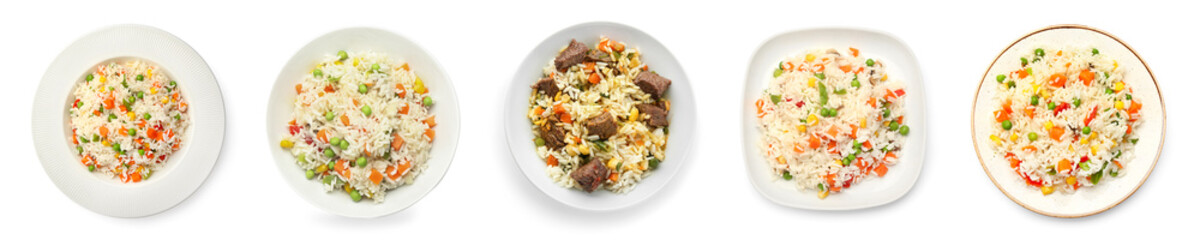 Set of plates with tasty piilaf on white background, top view