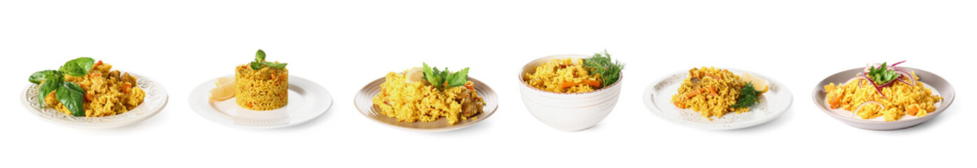 Set of plates with tasty piilaf on white background