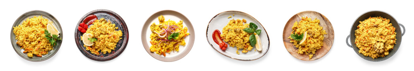 Set of tasty pilaf on white background, top view