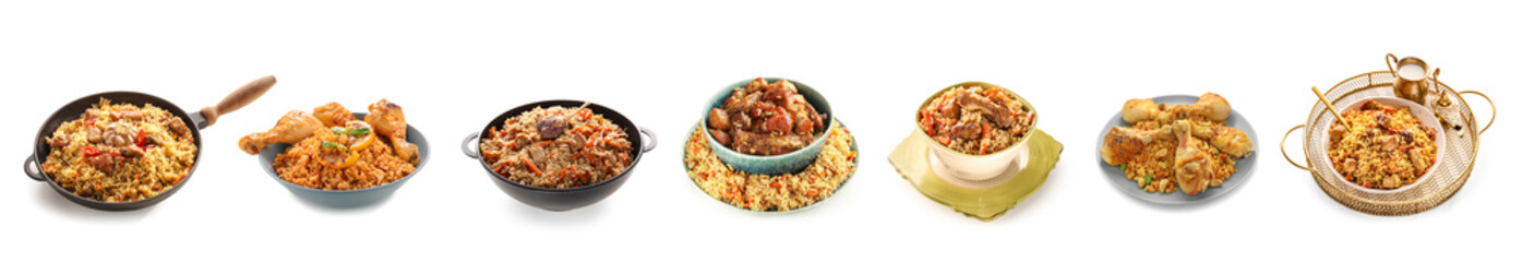 Set of tasty pilaf on white background
