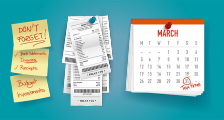 Wall Calendar reminder posit note don't forget tax time receipts - obrazy, fototapety, plakaty