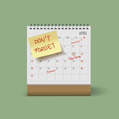 Desk Calendar reminder posit note don't forget tax time - obrazy, fototapety, plakaty