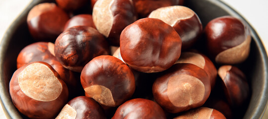 Frying pan with chestnuts, closeup