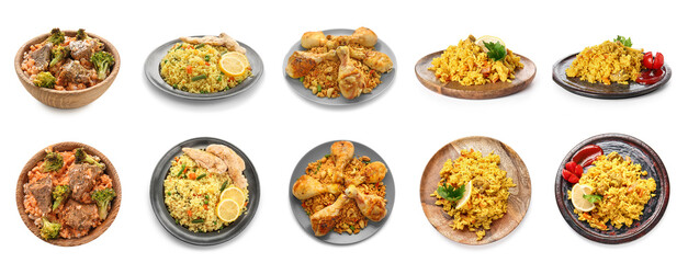Set of tasty pilaf on white background