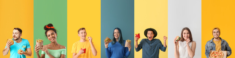 Set of young people eating fast food on colorful background