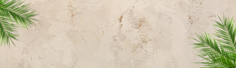 Green tropical leaves on light grunge background with space for text. Banner for design