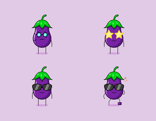 collection of cute eggplant cartoon character with serious, smile and eyeglasses expression. suitable for emoticon, logo, symbol and mascot. such as emoticon, sticker or vegetable logo
