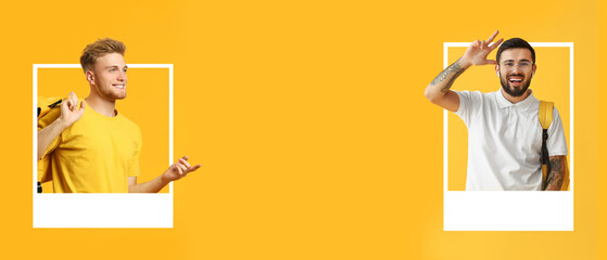 Handsome male students looking out of frames on yellow background with space for text
