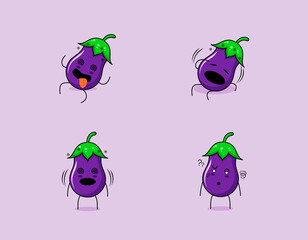 collection of cute eggplant cartoon character with dizzy expression. suitable for emoticon, logo, symbol and mascot. such as emoticon, sticker or vegetable logo