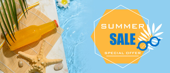 Bottle of fresh drink on edge of swimming pool. Poster for summer sale