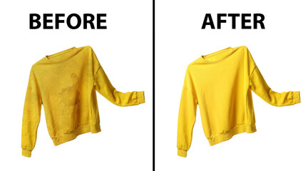 Yellow sweatshirt before and after dry-cleaning on white background