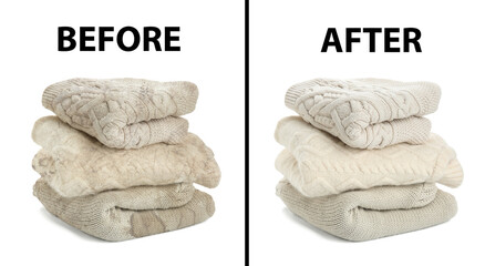 Stack of clothes before and after dry-cleaning on white background