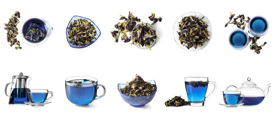 Set of butterfly pea flower tea on white background