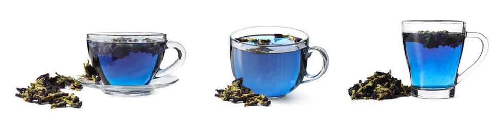 Cups of butterfly pea flower tea on white background