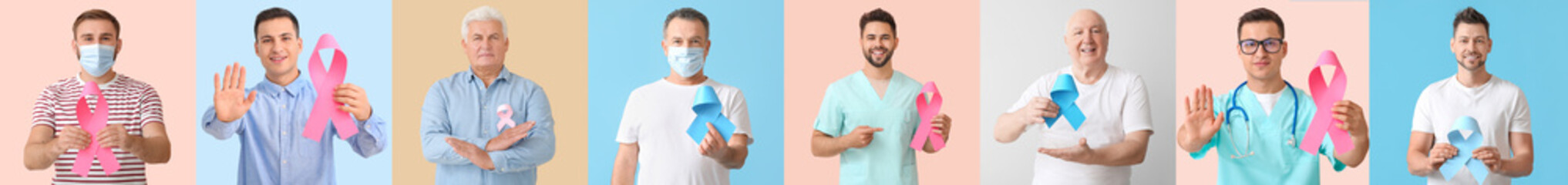 Men with blue and pink ribbons on colorful background. Concept of breast and prostate cancer