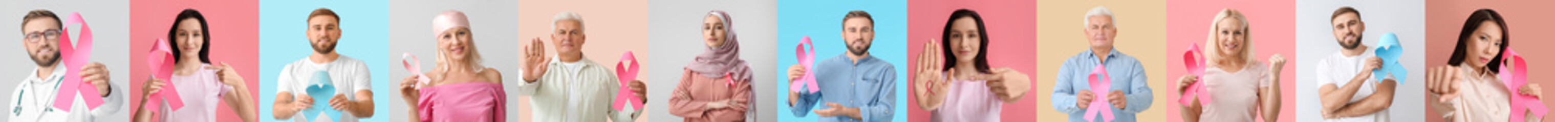 Many people with blue and pink ribbons on colorful background. Concept of breast and prostate cancer