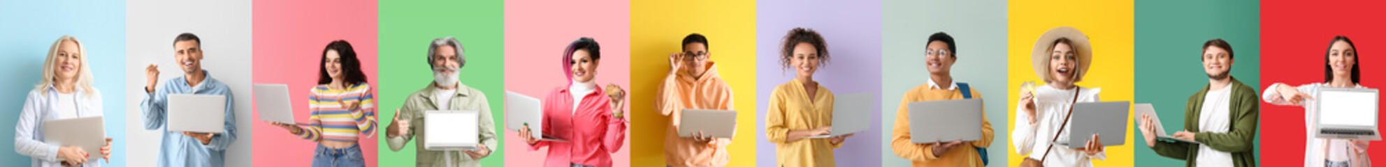 Set of people with laptops on colorful background