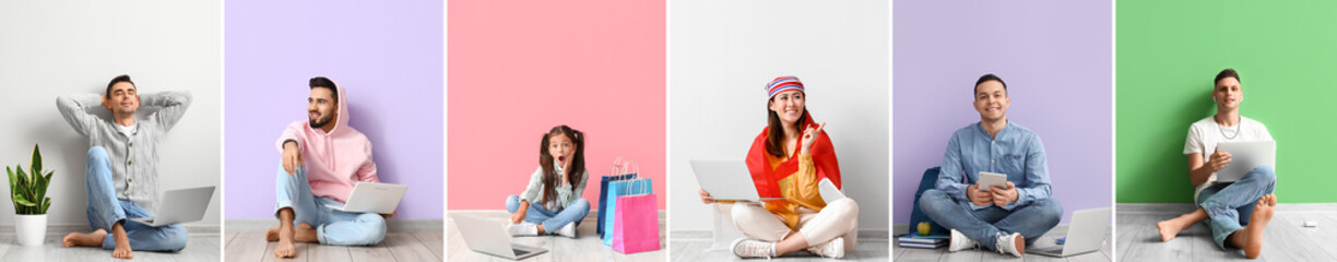 Set of people with laptops on colorful background