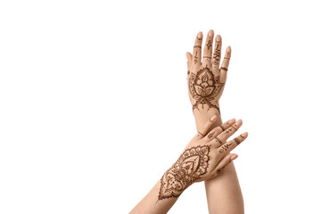 Female hands with beautiful henna tattoo on white background