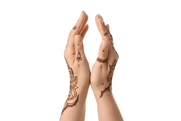 Female hands with beautiful henna tattoo isolated on white background, closeup