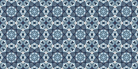 Indigo blue red batik geo nautical seamless border pattern. Modern marin geometric kaleidoscope banner. Nantucket fabric textile style. Summer rustic masculine worn linen effect edging trim tape 