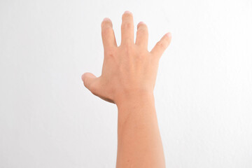 Close up of female hand reaching out and asking for help. Hand picking gesture isolated on white background.