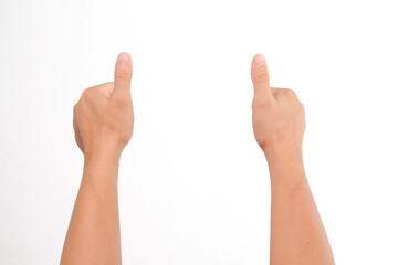 Hand with thumb up isolated on a white background. Raise your thumb and hand of the person who means the best.