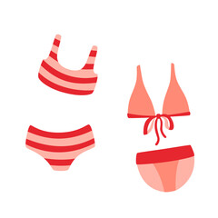 Fototapeta na wymiar Set of red cute women's separate swimsuits, isolated on white background. Flat vector cartoon illustration, clipart.