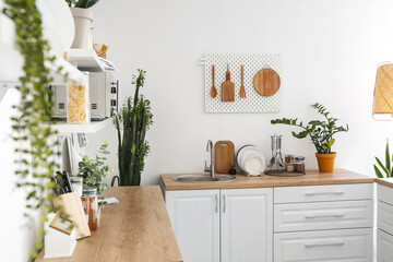 Stylish counters, kitchenware and pegboard on light wall in kitchen