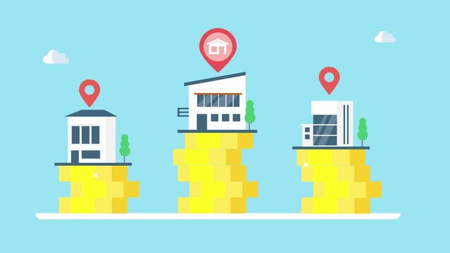 Real estate investment, property financial management, house on coin stack with map location, conceptual 2d animation 4k video clip.