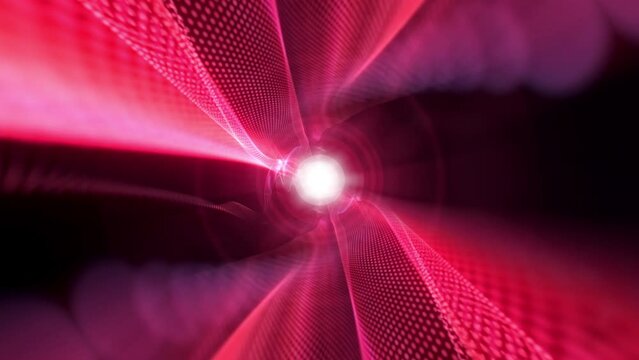 Abstract radiating glow pink red wire mesh vortex tunnel with center optical flare light flicker. 4K 3D rendering futuristic mesh tunnel vj seamless loop. Fly through sci-fi matrix shining rotating tu
