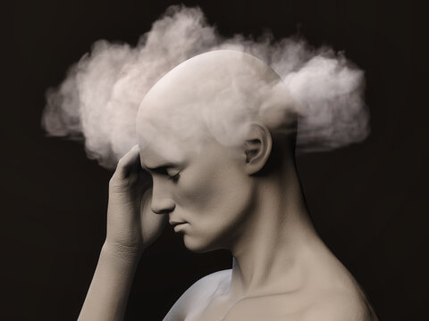 Brain Fog. Profile Of A Stressed Male Figure With Fog Around His Head. 3D Illustration.