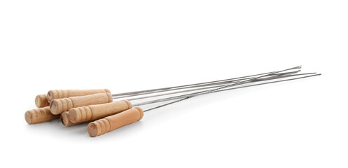Wooden skewers with handle on white background