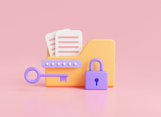 Folder icon with padlock, key and password. Modern private folder, safe confidential information, data storage, file lock. Data security concept. 3D rendering illustration, minimal style
