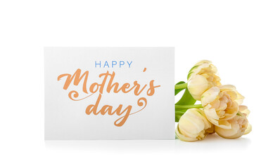 Card with text HAPPY MOTHER'S DAY and yellow flowers on white background