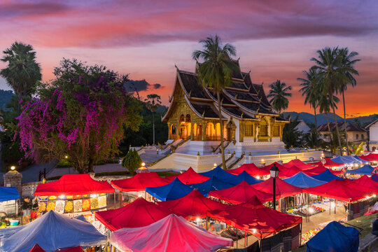 The night souvenir market in front of National museum of Luang Prabang, Laos.
