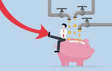 Having multiple sources of income for surviving economic crisis, multiple careers trend concept. Businessman sitting on piggy bank with many coins from pipes and using foot to push falling down arrow.