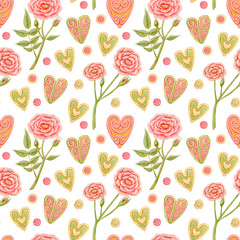 Seamless pattern with flowers. Rose. Heart. Watercolor and acrylic illustration. The print is used for Wallpaper design, fabric, textile,