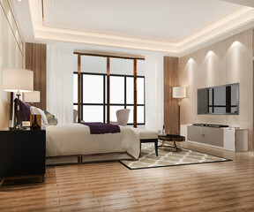 3d rendering beautiful luxury bedroom suite in hotel with tv