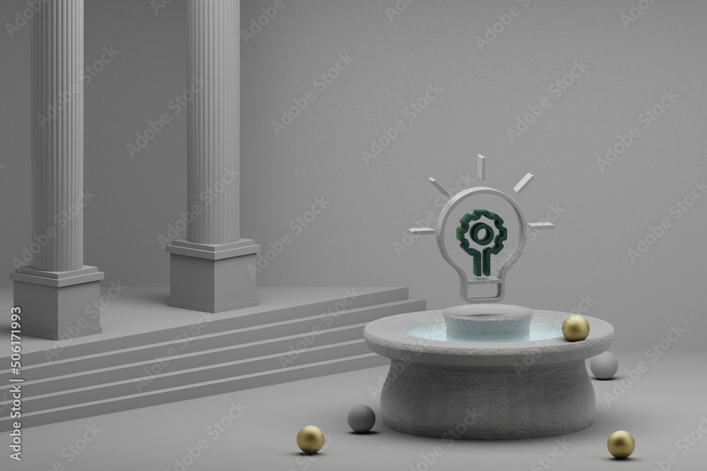 Poster beautiful abstract illustrations bulb with gear symbol icon on a fountain and column background. 3d 