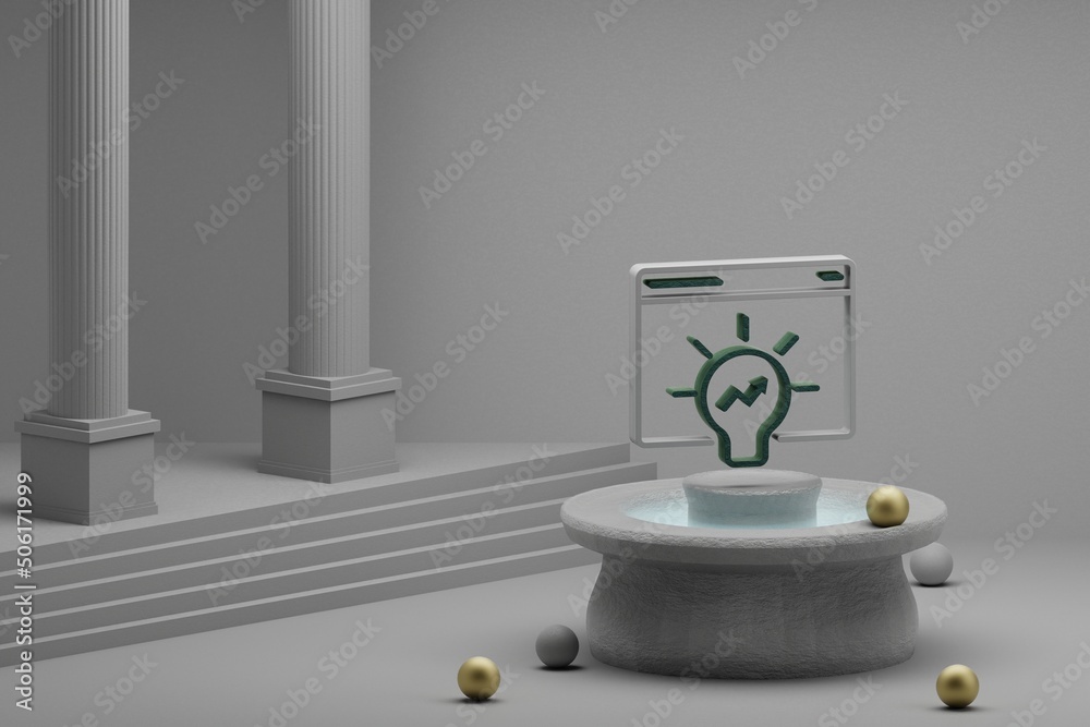 Poster Beautiful abstract illustrations Bulb with arrow Up symbol icon on a fountain and column background. 3d rendering illustration. Seo And Business.