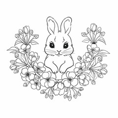A small spring Easter bunny surrounded by apple, cherry blossoms, a wreath of flowers around the rabbit, drawn line graphics isolated on a white background for printing coloring or printing on fabric
