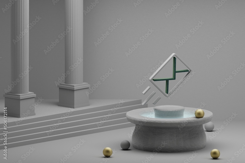 Poster beautiful abstract illustrations mail symbol icon on a fountain and column background. 3d rendering 
