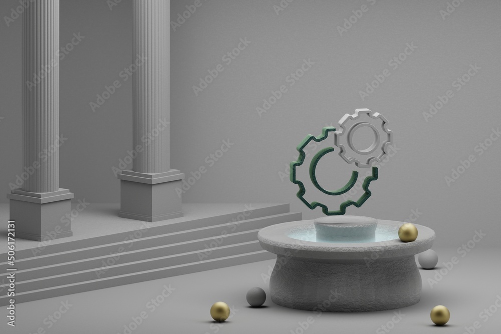 Poster beautiful abstract illustrations manage gear symbol icon on a fountain and column background. 3d ren