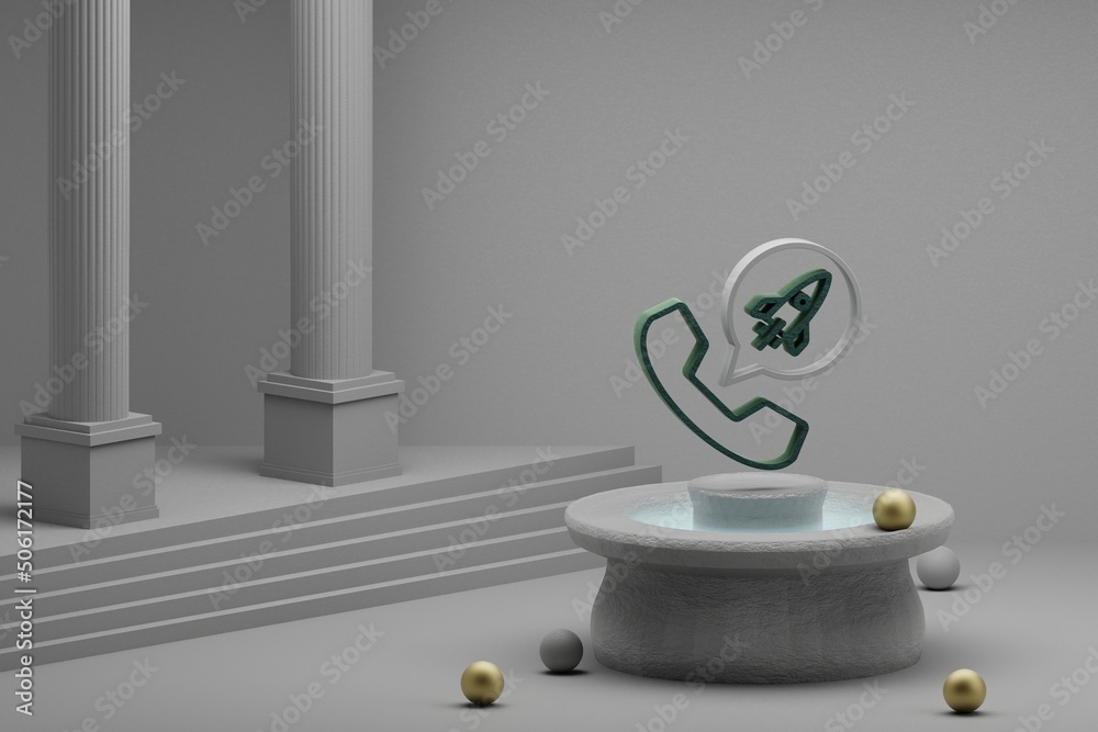 Poster beautiful abstract illustrations phone with messenger rocket symbol icon on a fountain and column ba