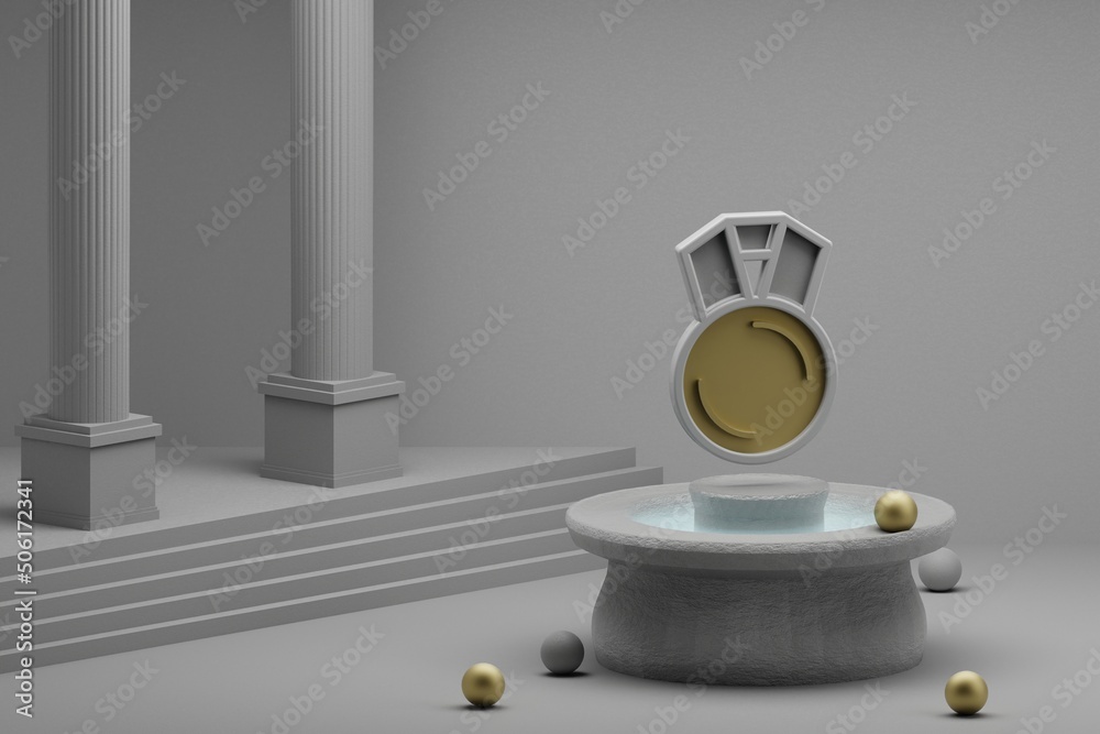 Poster beautiful abstract illustrations medal symbol icon on a fountain and column background. 3d rendering