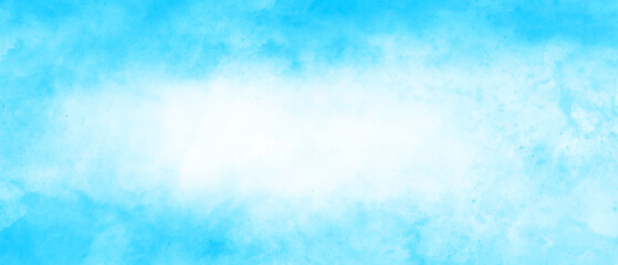 pastel sky blue background with soft puffy cloudy white center with faded vintage textured border, pastel aquarelle painted paper template texture Background.
